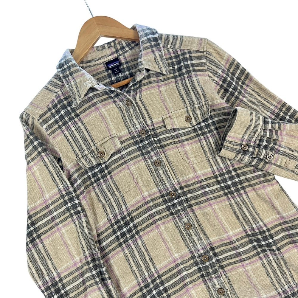 Patagonia Organic Cotton Plaid Flannel Shirt Tan Purple Womens 6 Outdoor Layer